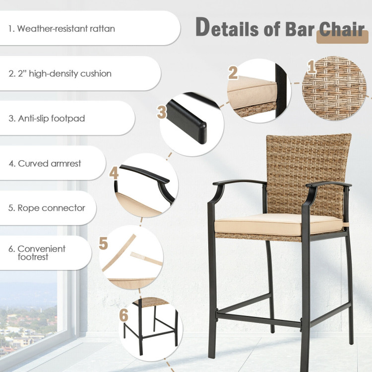 Patio Rattan Bar Stools Set of 4 with Soft Cushions - Image 9