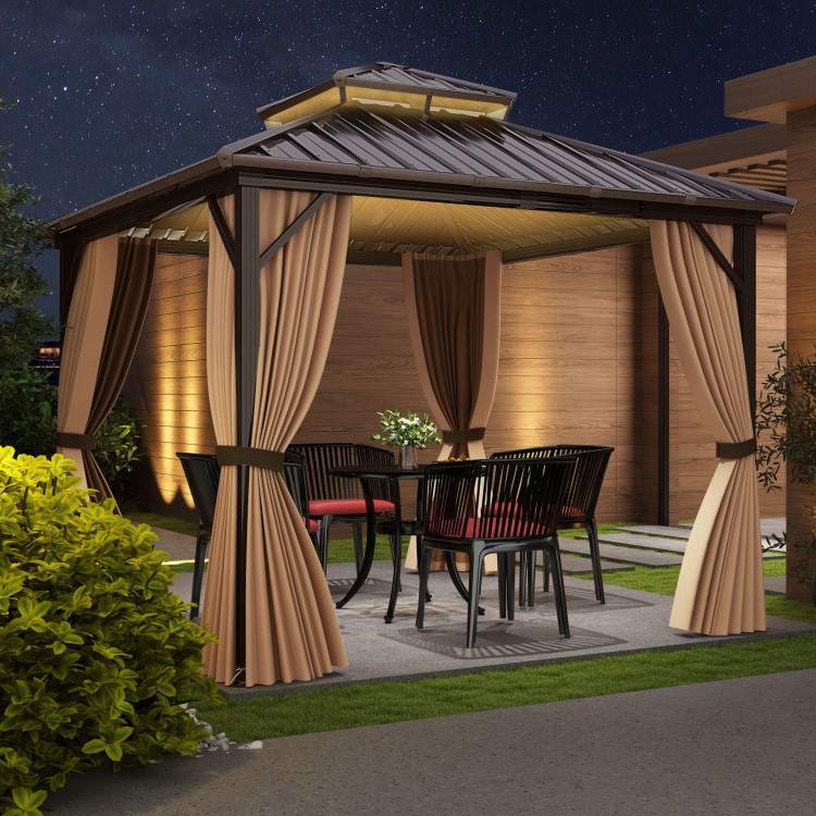 10 x 10/12 Feet Hardtop Gazebo with Netting and Curtain and Double-Roof Galvanized Metal Top - Image 2