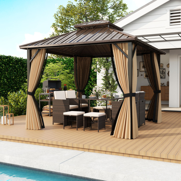 10 x 10/12 Feet Hardtop Gazebo with Netting and Curtain and Double-Roof Galvanized Metal Top - Image 3