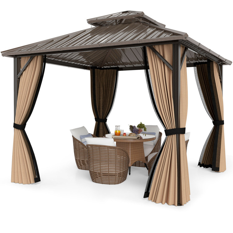 10 x 10/12 Feet Hardtop Gazebo with Netting and Curtain and Double-Roof Galvanized Metal Top - Image 4