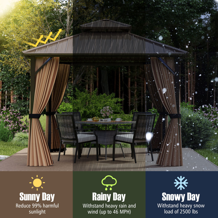 10 x 10/12 Feet Hardtop Gazebo with Netting and Curtain and Double-Roof Galvanized Metal Top - Image 6