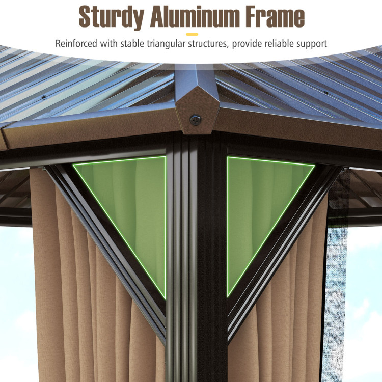 10 x 10/12 Feet Hardtop Gazebo with Netting and Curtain and Double-Roof Galvanized Metal Top - Image 9