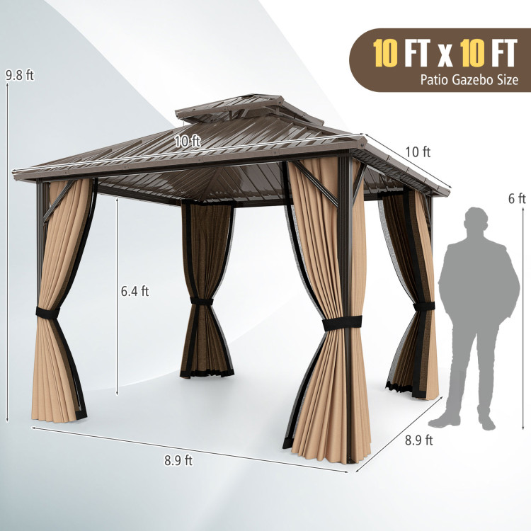 10 x 10/12 Feet Hardtop Gazebo with Netting and Curtain and Double-Roof Galvanized Metal Top - Image 5