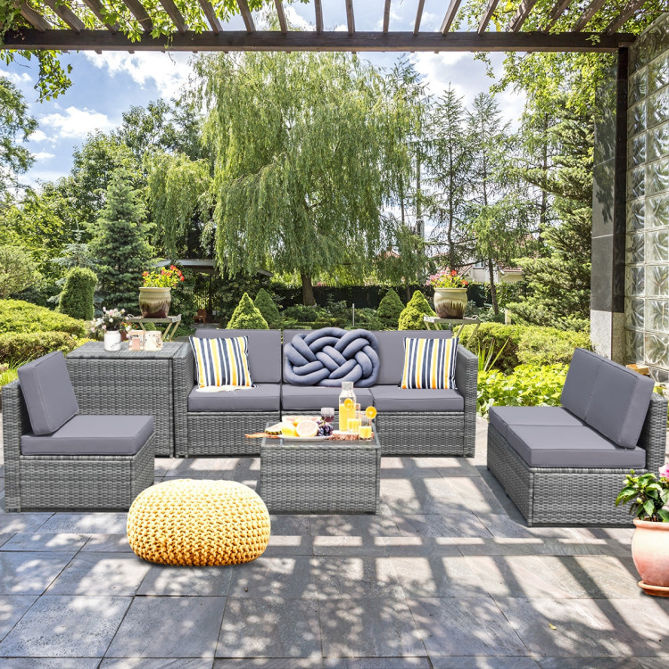 8 Pieces Wicker Sofa Rattan Dining Set Patio Furniture with Storage Table - Image 3