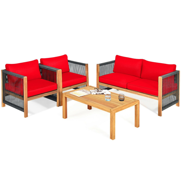 4 Pieces Acacia Wood Sofa Set with Cushions for Outdoor Patio - Image 4