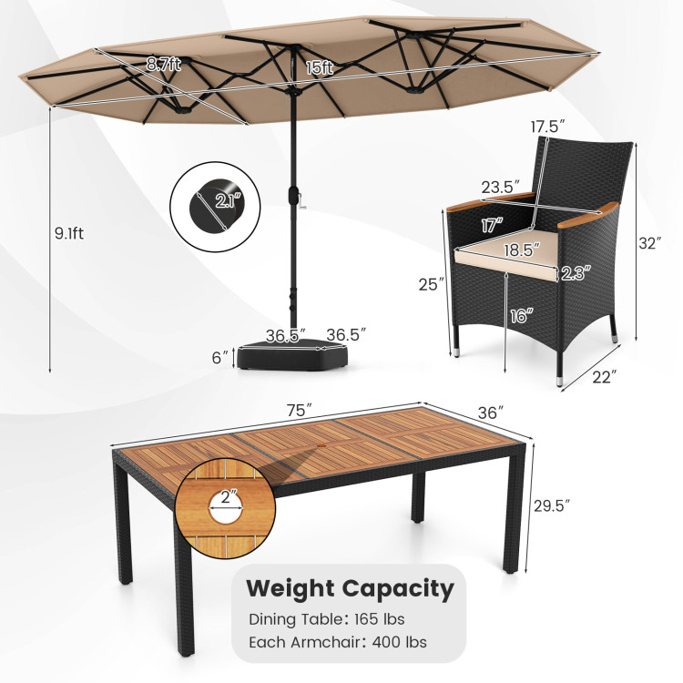 10 Piece Outdoor Dining Set with 15 Feet Double-Sided Twin Umbrella - Image 5