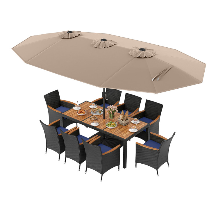 10 Piece Outdoor Patio Dining Set with 15 Feet Double-Sided Twin Umbrella