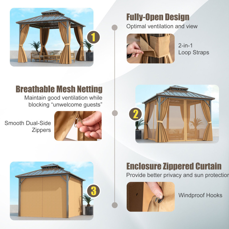 10 X 10 Feet Hardtop Gazebo with Netting and Curtain for Patio Backyard - Image 10