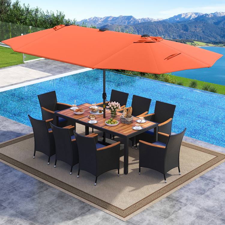 11 Pieces Patio Dining Set with LED Patio Umbrella with Base and Seat Cushions (Navy) - Image 2