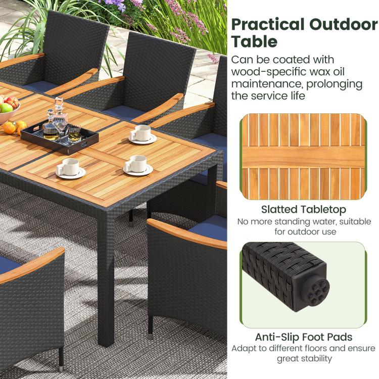 11 Pieces Patio Dining Set with LED Patio Umbrella with Base and Seat Cushions (Navy) - Image 10