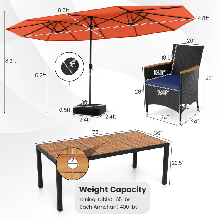 11 Pieces Patio Dining Set with LED Patio Umbrella with Base and Seat Cushions (Navy) - Image 5