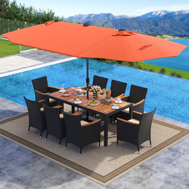 11 Pieces Patio Dining Set with LED Patio Umbrella with Base and Seat Cushions (Beige) - Image 2