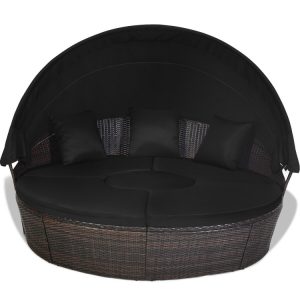 Patio Round Rattan Daybed with Retractable Canopy and Height Adjustable Coffee Table