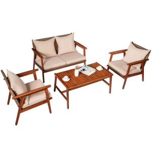4 Pieces Acacia Wood Patio Rattan Furniture Set with Zippered Cushions