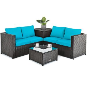 4 Pieces Outdoor Patio Rattan Furniture Set with Loveseat and Storage Box