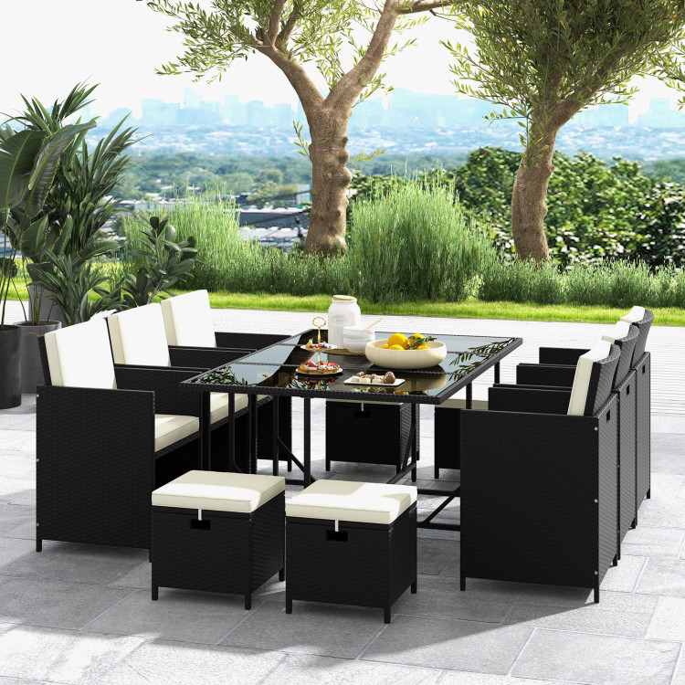 11 Piece Patio Dining Set Wicker Chairs and Tempered Glass Table with Waterproof Cushions - Image 2