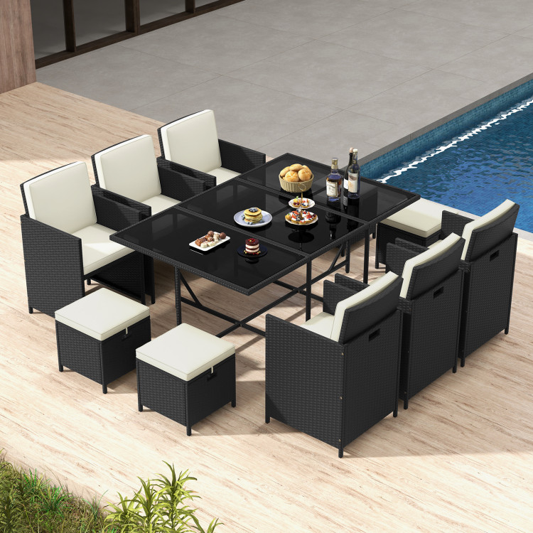 11 Piece Patio Dining Set Wicker Chairs and Tempered Glass Table with Waterproof Cushions - Image 3