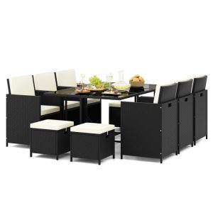 11 Piece Patio Dining Set Wicker Chairs and Tempered Glass Table with Waterproof Cushions