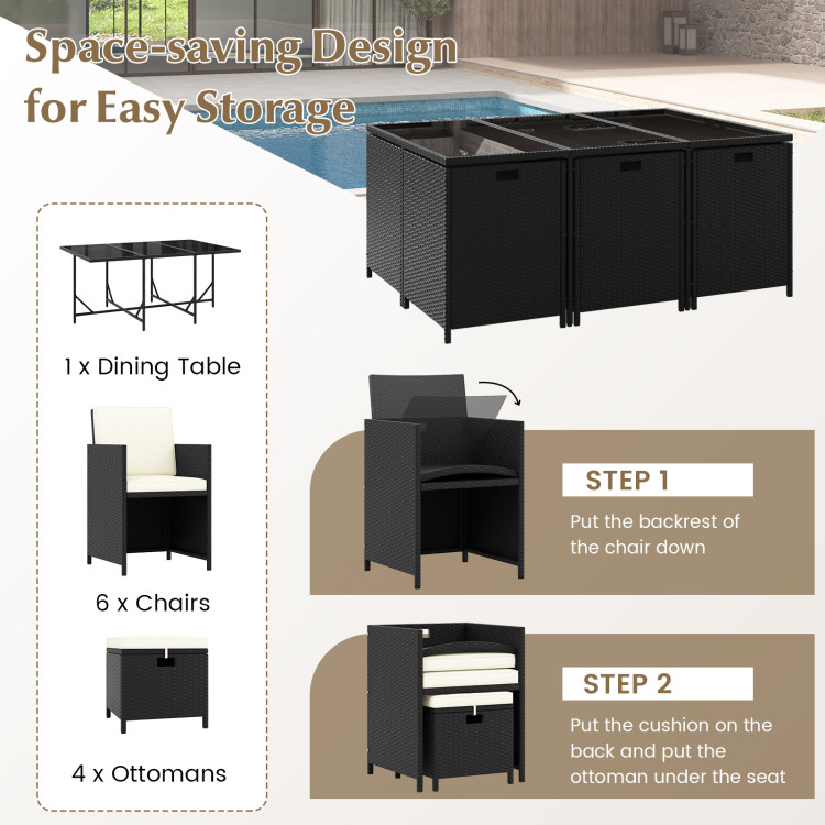 11 Piece Patio Dining Set Wicker Chairs and Tempered Glass Table with Waterproof Cushions - Image 6