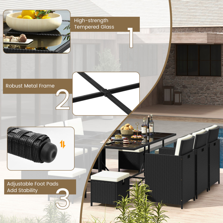 11 Piece Patio Dining Set Wicker Chairs and Tempered Glass Table with Waterproof Cushions - Image 7