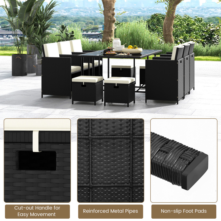 11 Piece Patio Dining Set Wicker Chairs and Tempered Glass Table with Waterproof Cushions - Image 8