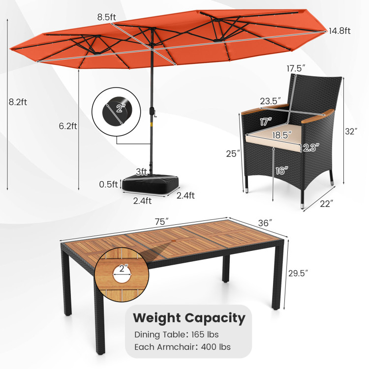 11 Pieces Patio Dining Set with LED Patio Umbrella with Base and Seat Cushions (Beige) - Image 5