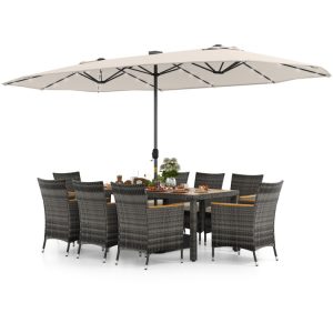 11 Pieces Patio Dining Set with 15 Feet Double-Sided Patio Umbrella Base Included