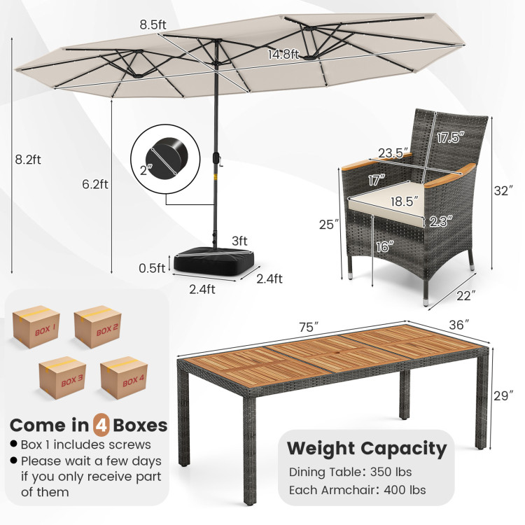 11 Pieces Patio Dining Set with 15 Feet Double-Sided Patio Umbrella Base Included - Image 5