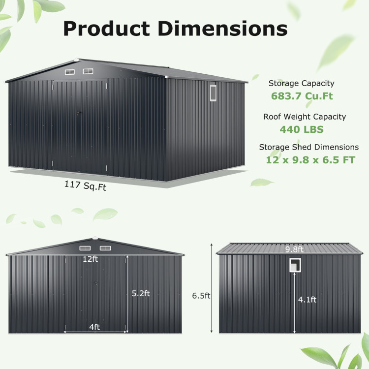 12 x 9.8 Feet Outdoor Storage Shed with Lockable Door and Pitched Roof - Image 5