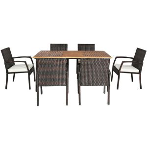7 Pieces Patio Rattan Cushioned Dining Set with Umbrella Hole