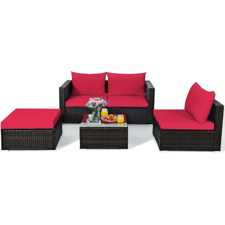5 Pieces Patio Rattan Sectional Furniture Set with Cushions and Coffee Table - Image 7