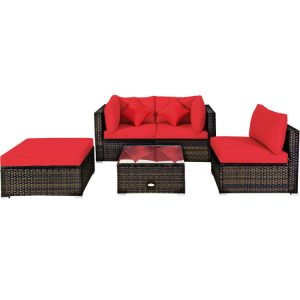 5 Pieces Outdoor Patio Rattan Furniture Set Sectional Conversation with Cushions