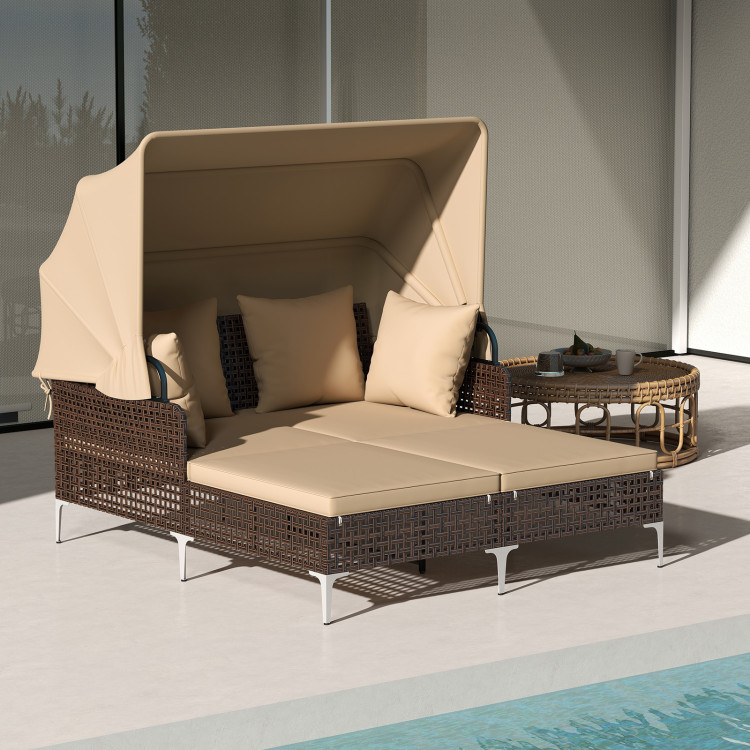 Outdoor Daybed with Retractable Canopy PE Wicker Rattan Patio Lounger - Image 3
