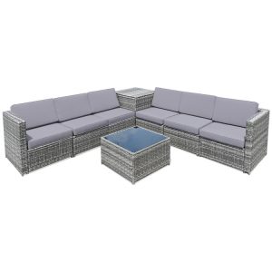 8 Pieces Wicker Sofa Rattan Dining Set Patio Furniture with Storage Table