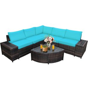 6 Piece Wicker Patio Sectional Sofa Set with Tempered Glass Coffee Table