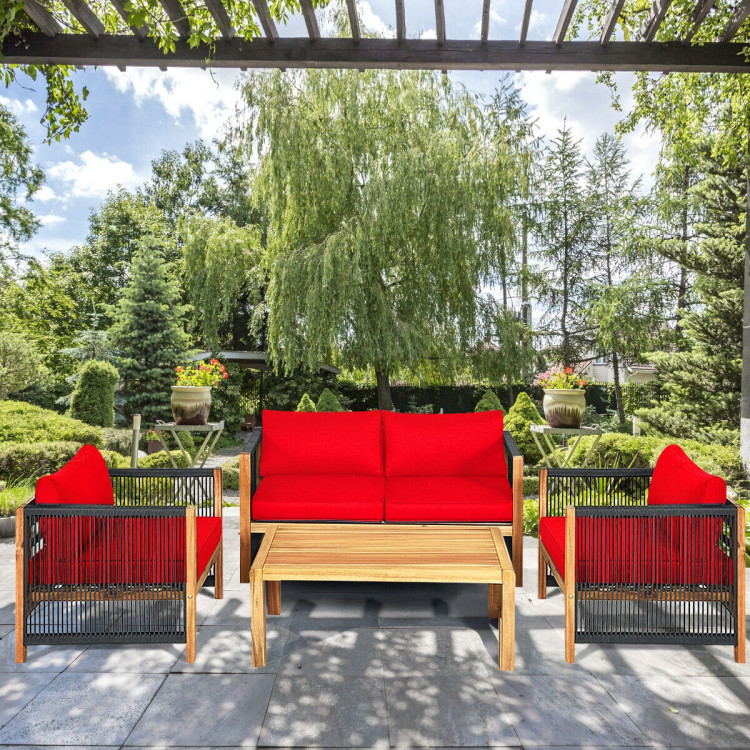 4 Pieces Acacia Wood Sofa Set with Cushions for Outdoor Patio - Image 2
