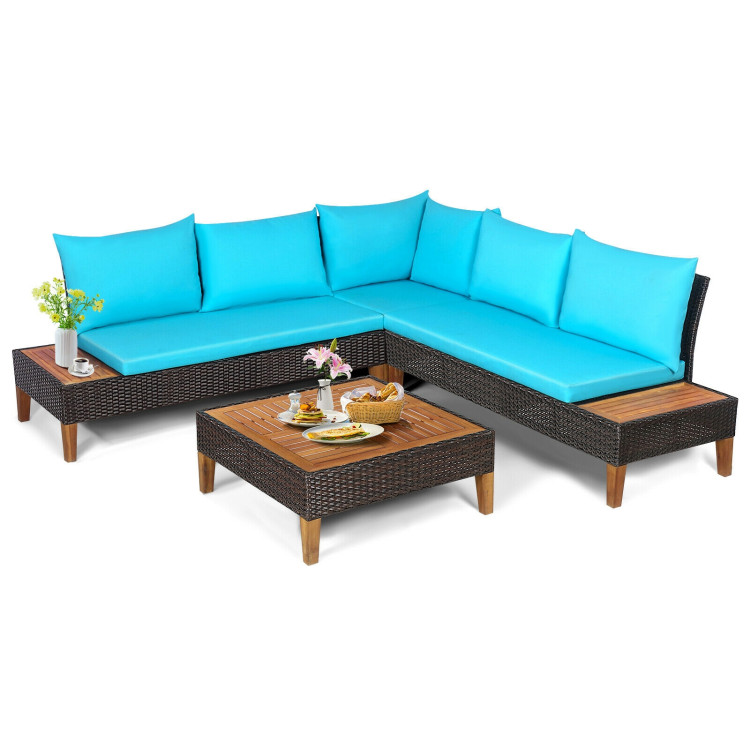 4 Pieces Patio Cushioned Rattan Furniture Set with Wooden Side Table - Image 8