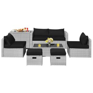 8 Pieces Patio Rattan Furniture Set with Storage Waterproof Cover and Cushion