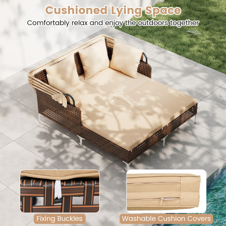 Outdoor Daybed with Retractable Canopy PE Wicker Rattan Patio Lounger - Image 9
