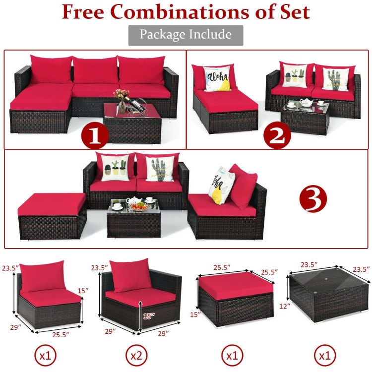 5 Pieces Patio Rattan Sectional Furniture Set with Cushions and Coffee Table - Image 5