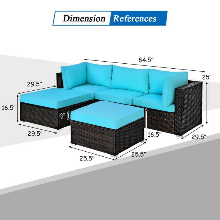 5 Pieces Patio Sectional Rattan Furniture Set with Ottoman Table - Image 5