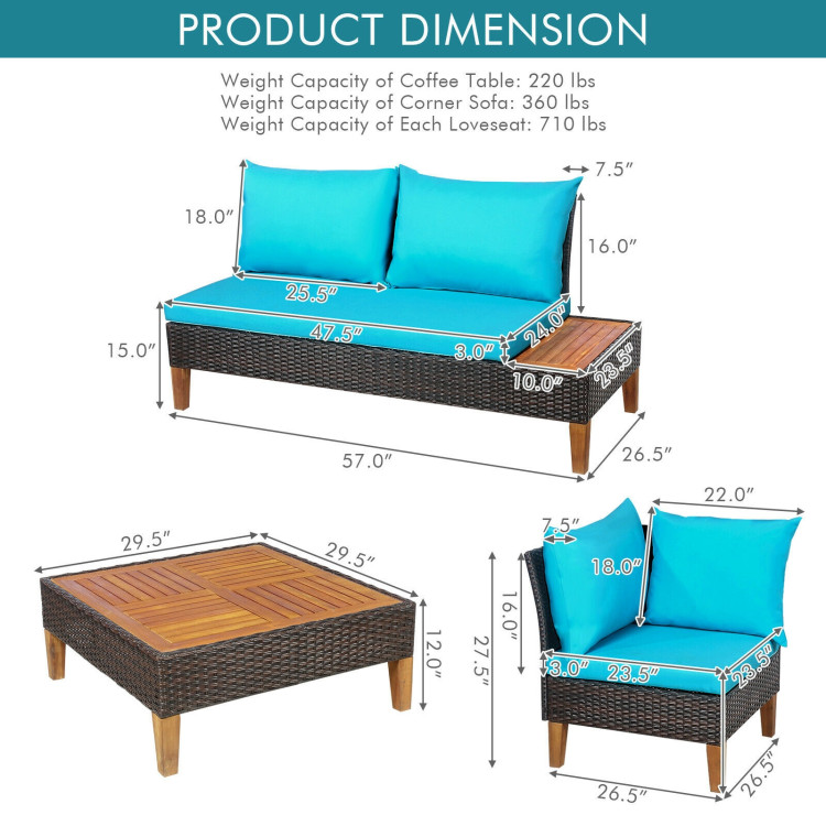 4 Pieces Patio Cushioned Rattan Furniture Set with Wooden Side Table - Image 4
