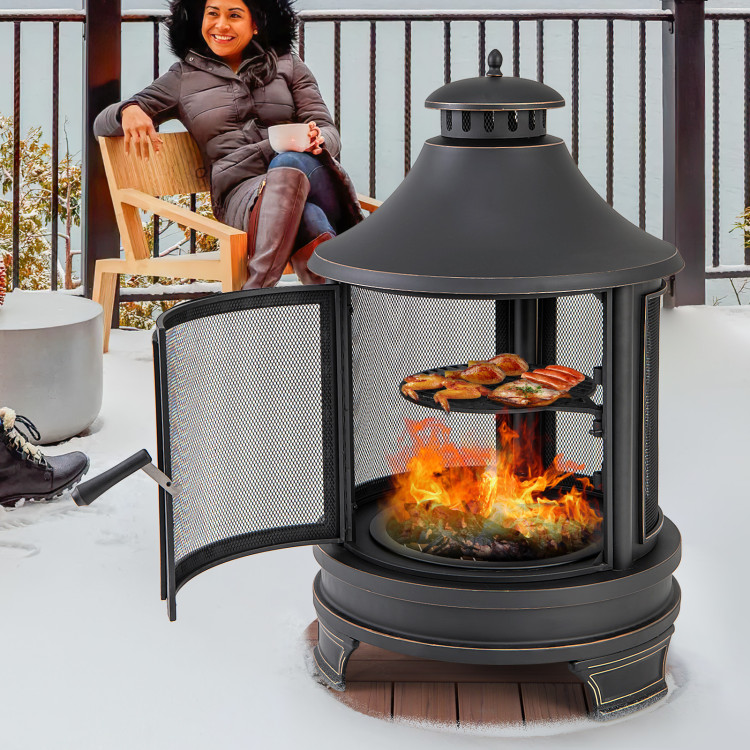 30 Inch Outdoor Fire Pit Chiminea with Grill for Garden BBQ - Image 3