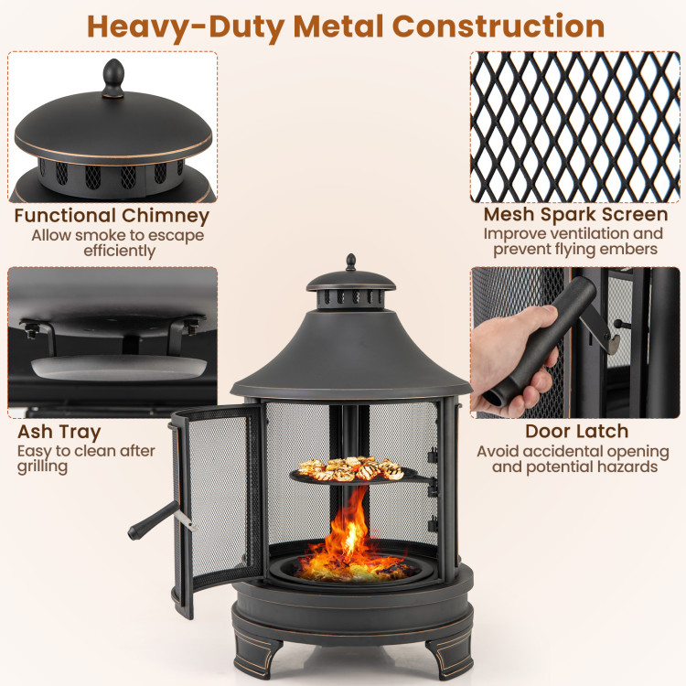 30 Inch Outdoor Fire Pit Chiminea with Grill for Garden BBQ - Image 8