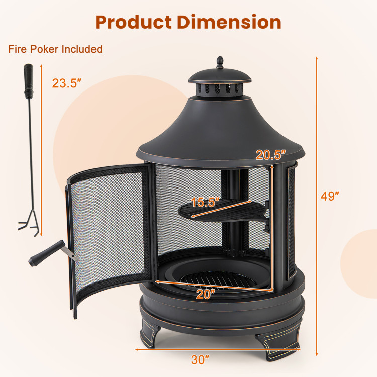 30 Inch Outdoor Fire Pit Chiminea with Grill for Garden BBQ - Image 5
