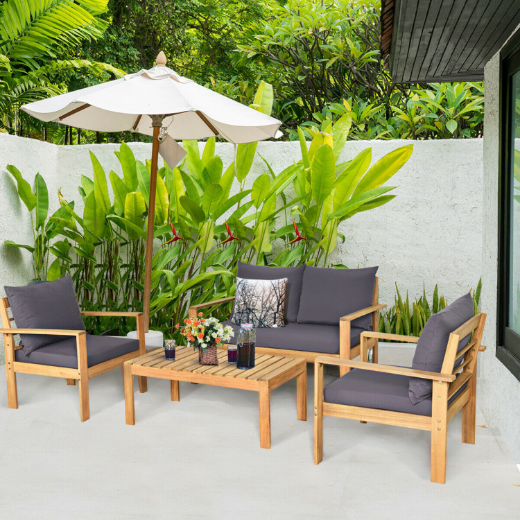 Outdoor 4 Pieces Acacia Wood Chat Set with Water Resistant Cushions - Image 2