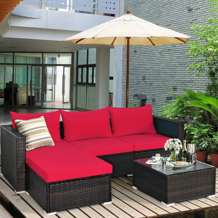 5 Pieces Patio Rattan Sectional Furniture Set with Cushions and Coffee Table - Image 2