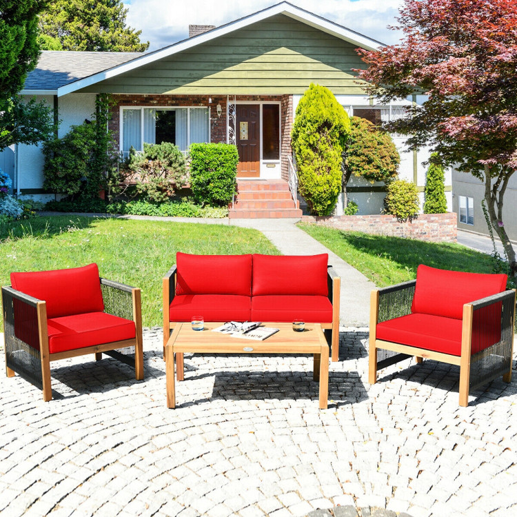 4 Pieces Acacia Wood Sofa Set with Cushions for Outdoor Patio - Image 3
