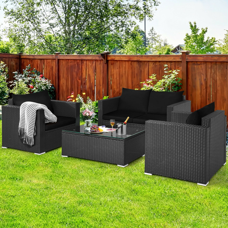 4 Pieces Patio Rattan Conversation Set with Padded Cushions - Image 3