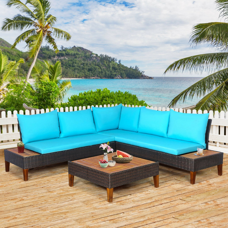 4 Pieces Patio Cushioned Rattan Furniture Set with Wooden Side Table - Image 2
